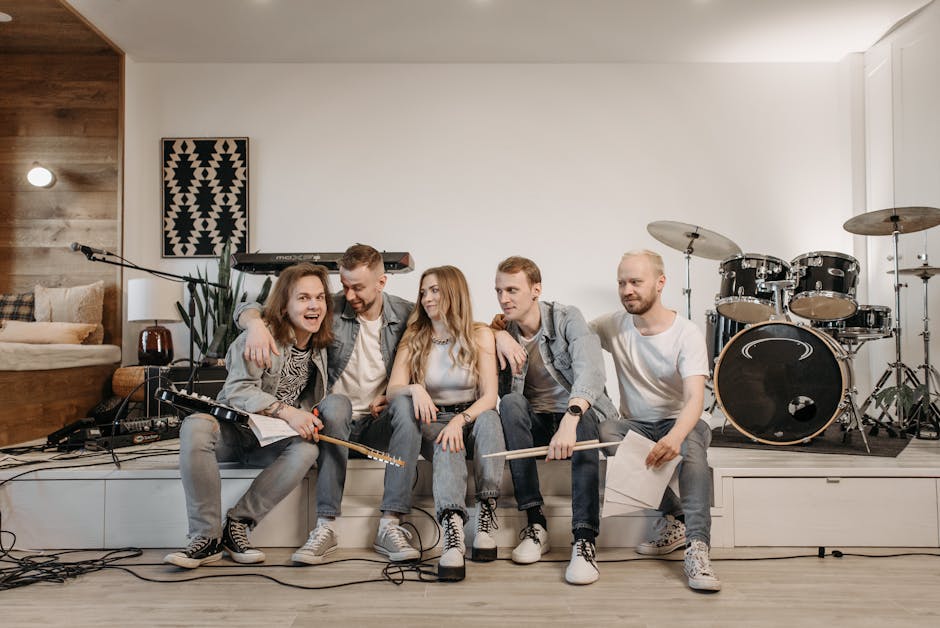 A group of musicians practicing with instruments in a stylish studio. Vibrant teamwork and creativity.